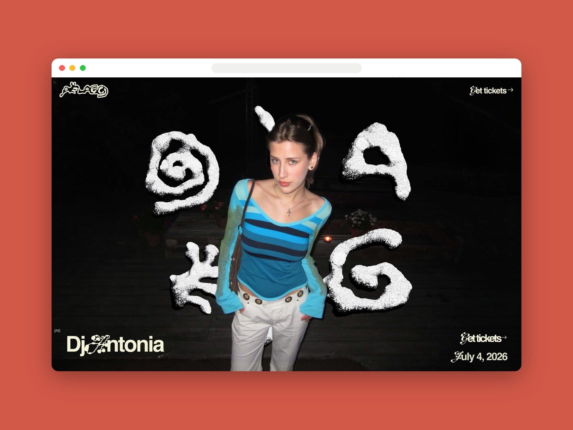 An artist slide in a desktop browser, with the date and a Get tickets link