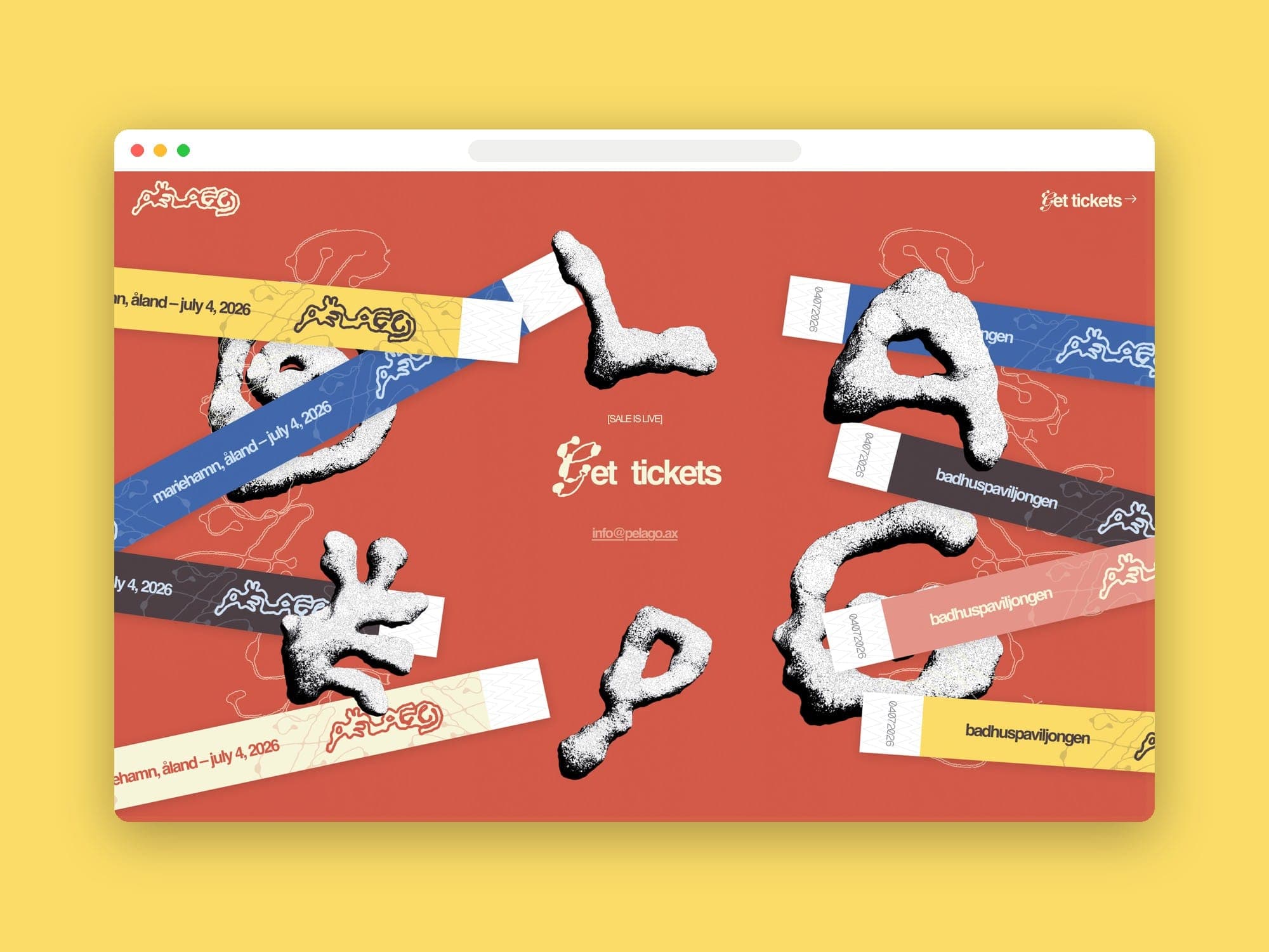 The ticket wall in a desktop browser: tumbling wristbands and textured letters