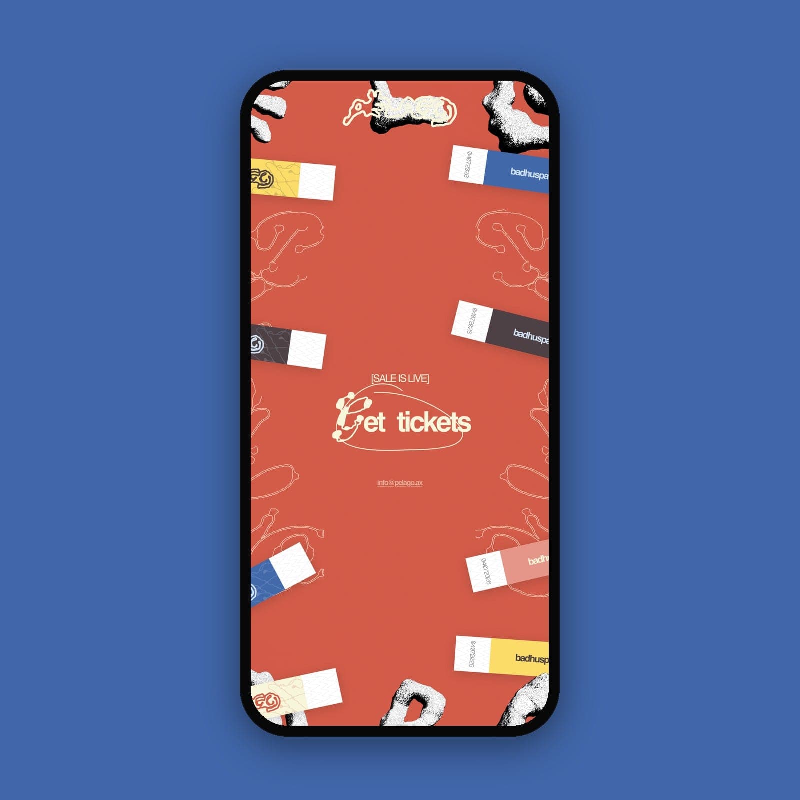The ticket wall on a phone: wristbands and 3D letters around a Get tickets link