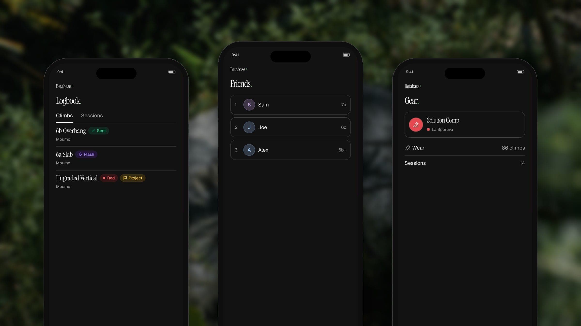 Logbook, friends leaderboard and gear screens side by side