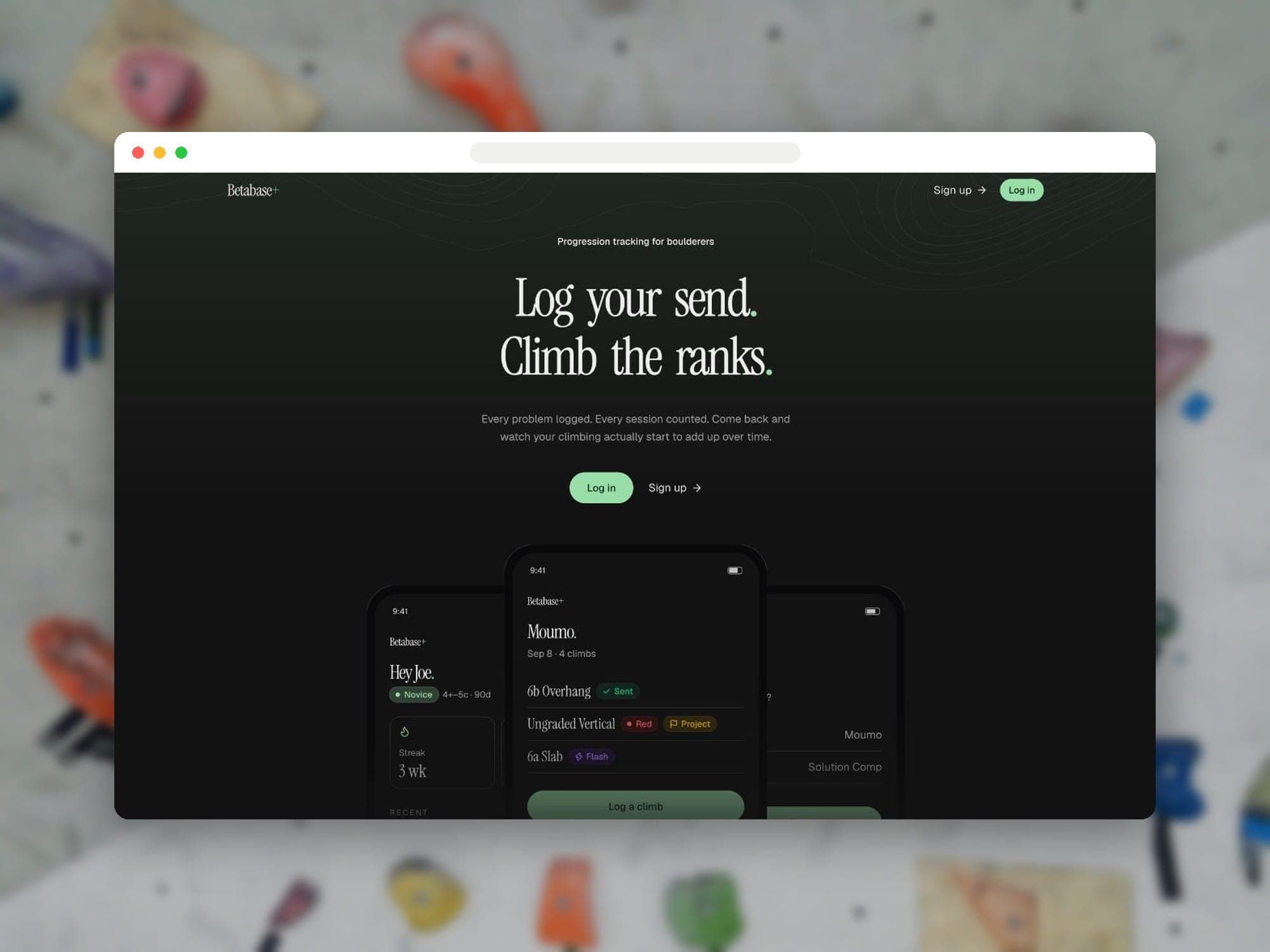 The Betabase+ landing page in a browser: “Log your send. Climb the ranks.”