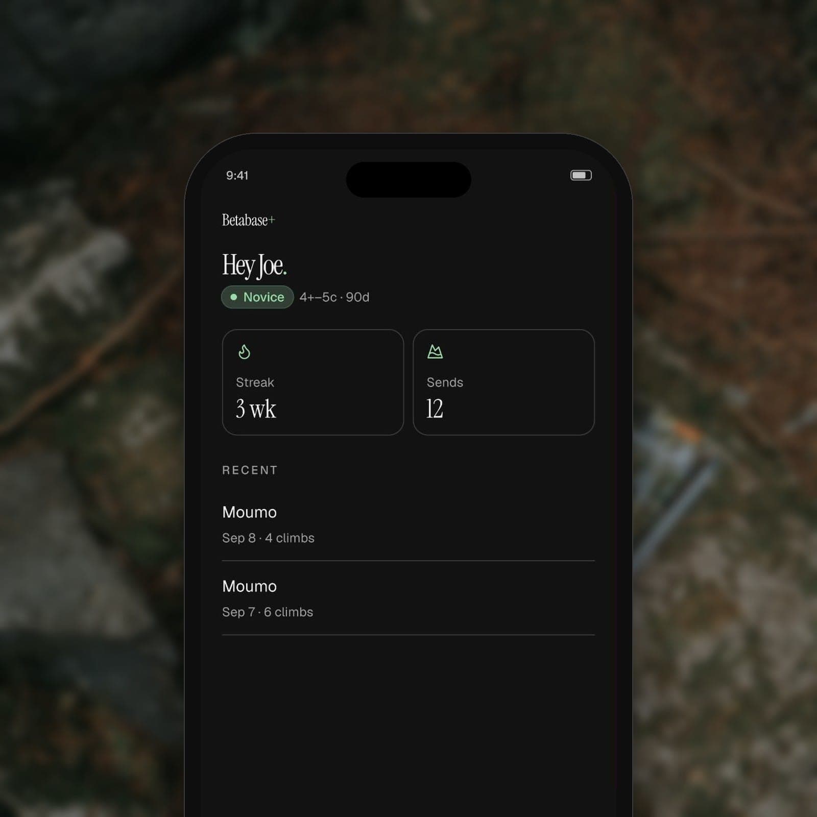 Home screen at Novice rank with streak and send counts