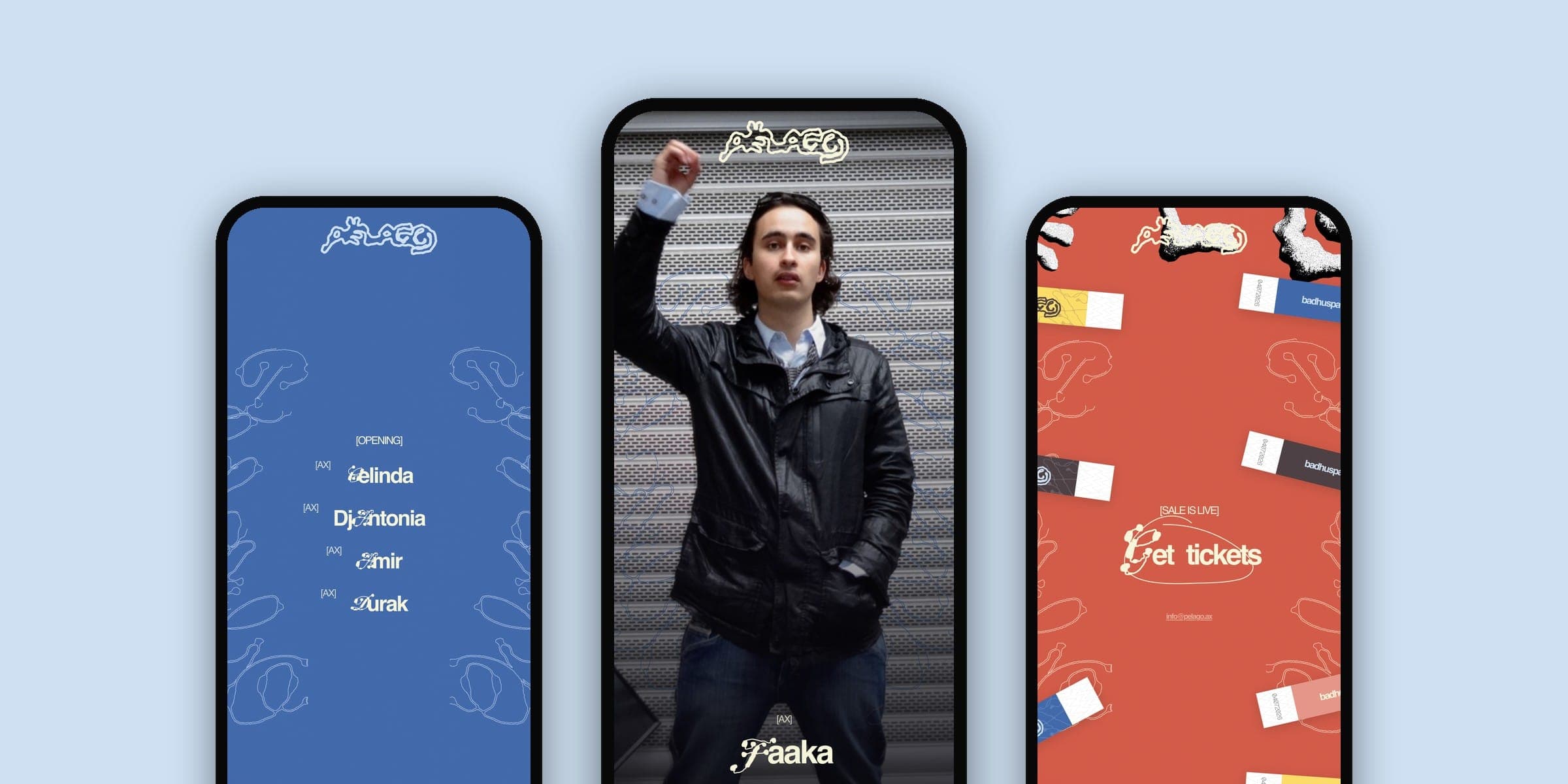 Three Pëlago Live screens on phones: an artist portrait, the opening lineup and the ticket wall