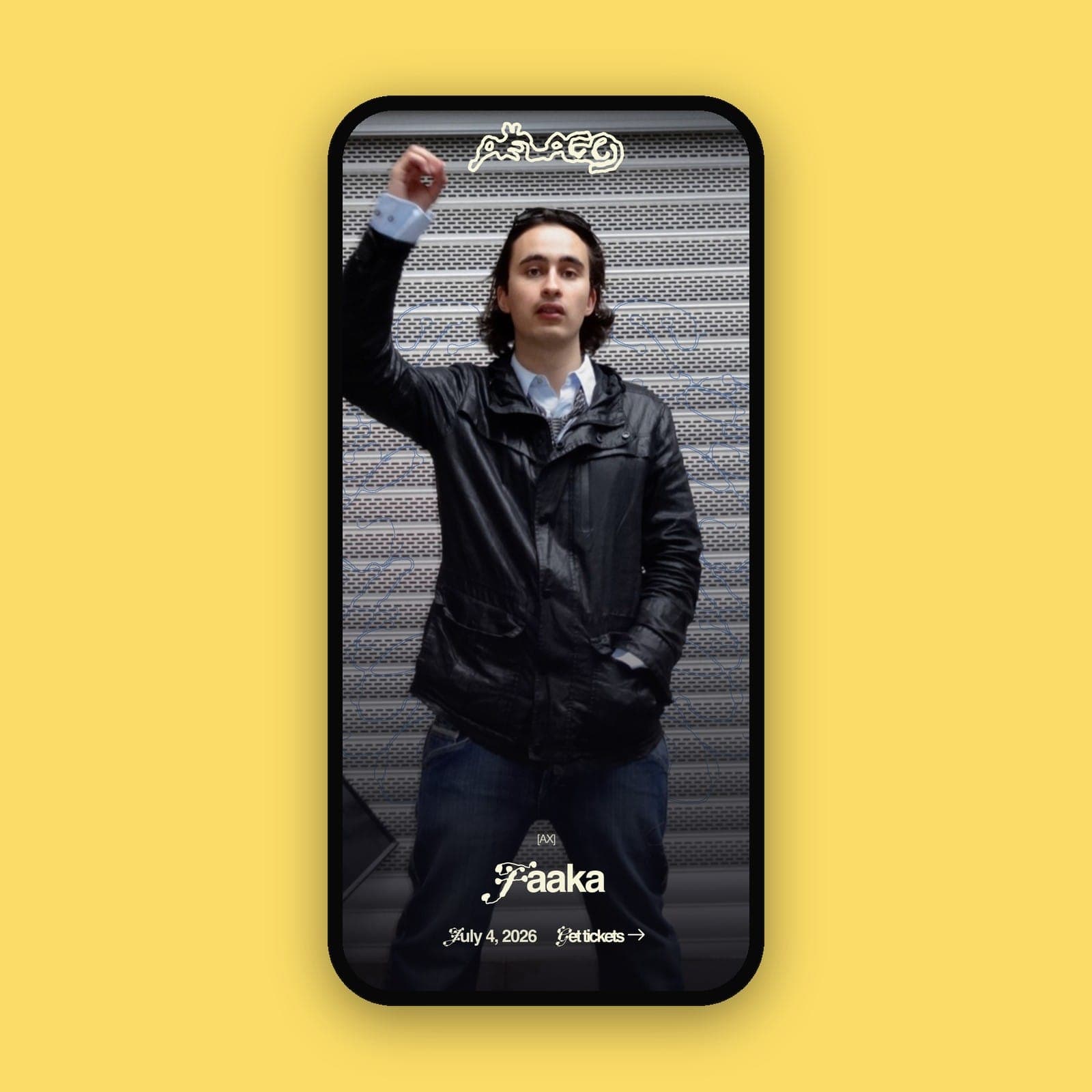 An artist slide on a phone: full-bleed portrait, name in the festival's display type and a ticket link
