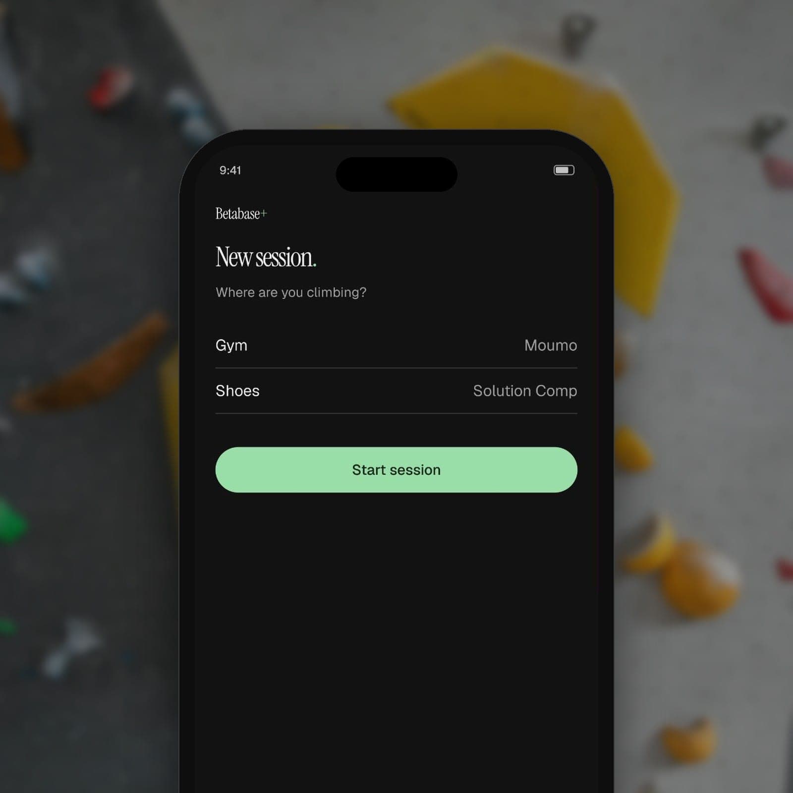 Betabase+ new session screen: gym, shoes and a Start session button
