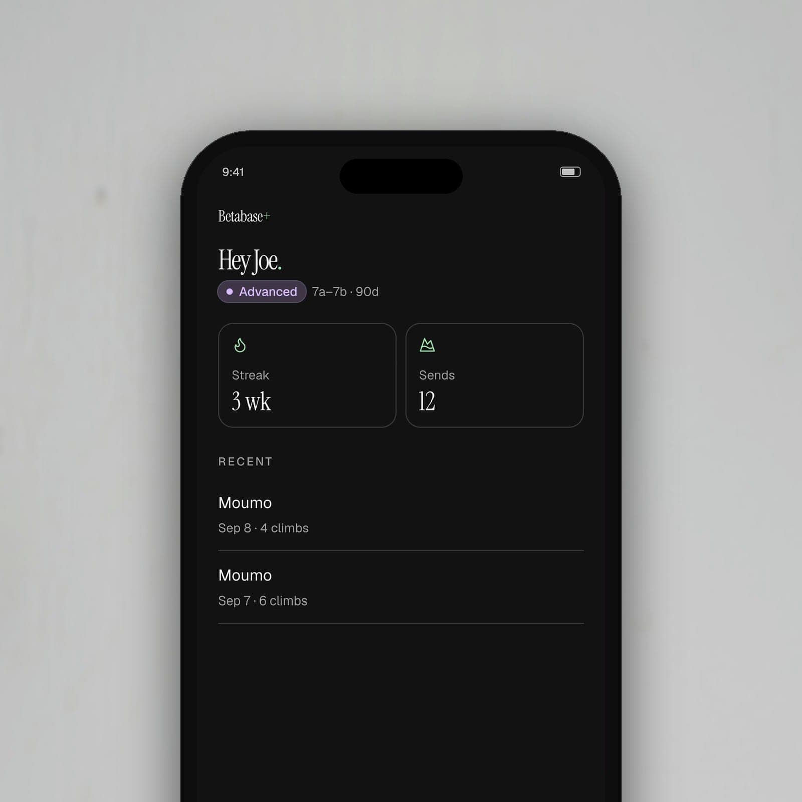 Home screen at Advanced rank, 7a–7b over the last 90 days