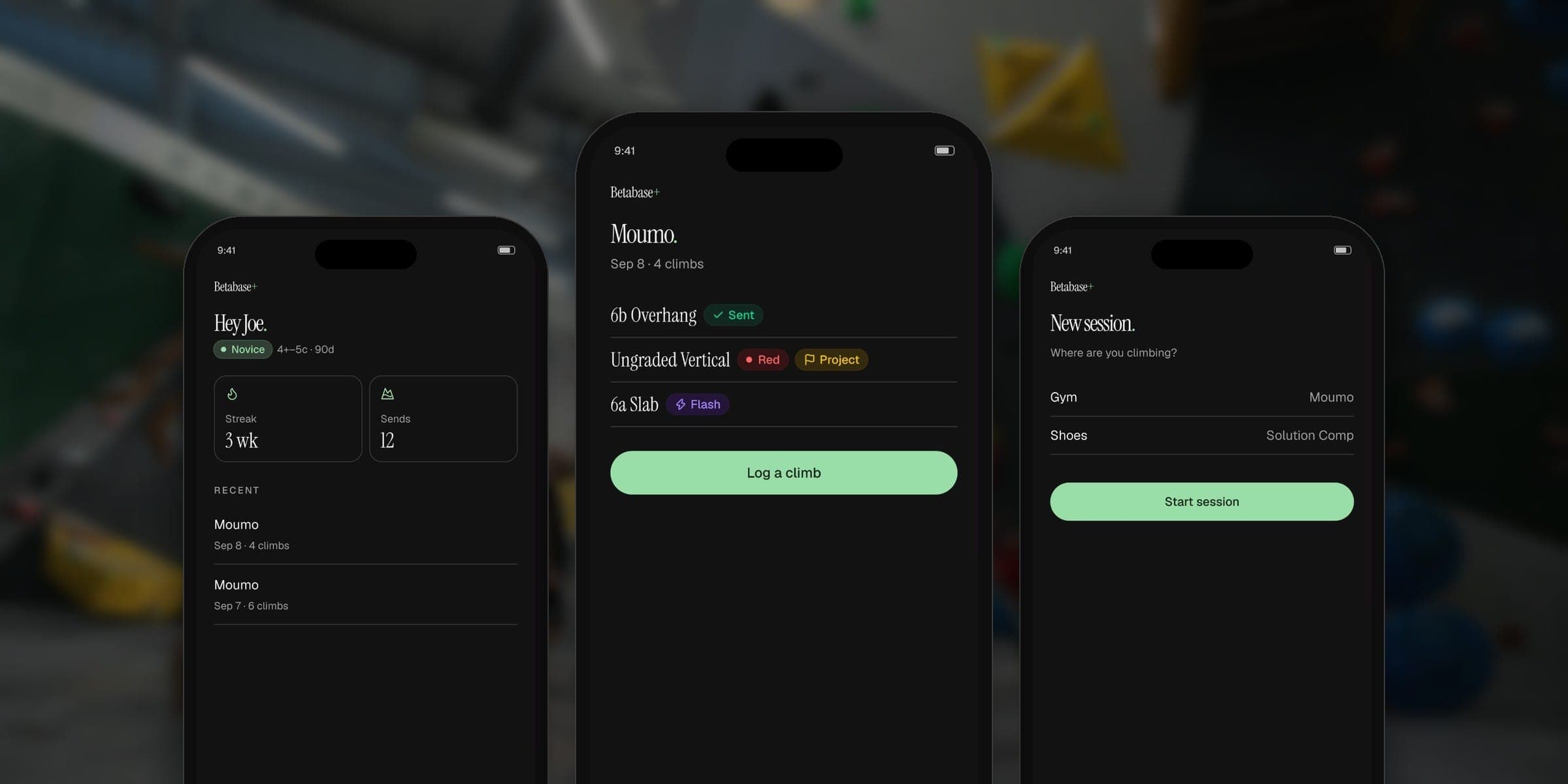 Three Betabase+ screens on phones: home, a logged session and a new session
